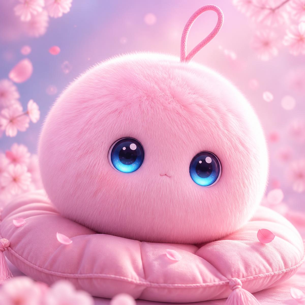 Peluche IA Kumii rose sur un coussin, pétales de cerisier
