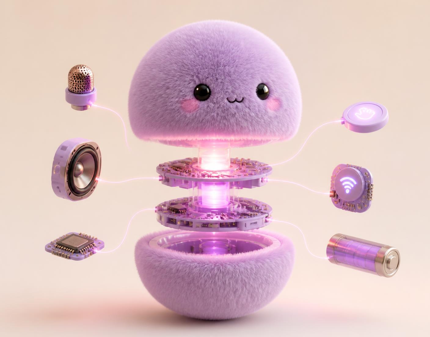 Vue éclatée de la peluche IA Kumii et de ses composants